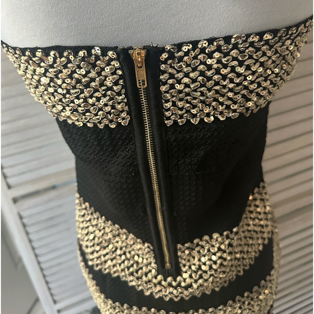 NEW•VENUS•XL• SHIMMER ON GORGEOUS BLACK & GOLD GLAM STRAPLESS BODY CON - Picture 12 of 16